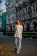 White Textured Handwoven Shirt by Krushnachuda with Chilika by Krushnachuda, Handloom Cotton, Loose Fit, Natural Dye, Organic, Outerwear, Self Design, White, Womenswear at Kamakhyaa for sustainable fashion
