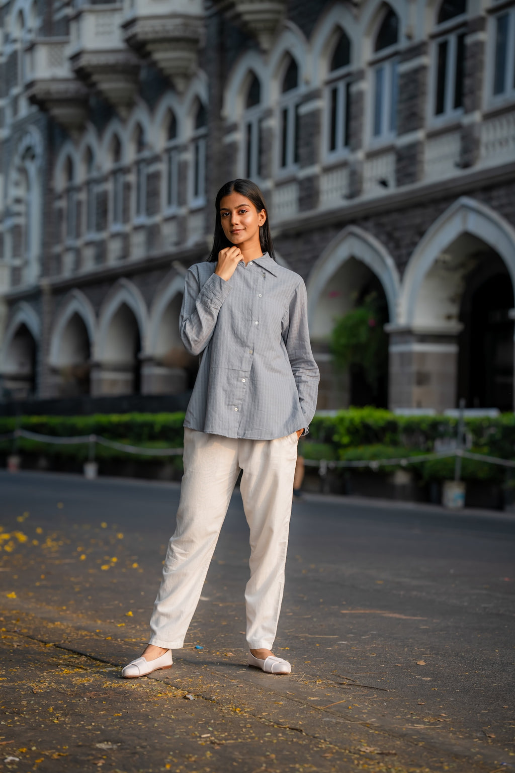 Grey Button-Down Handwoven Shirt by Krushnachuda with Chilika by Krushnachuda, Grey, Handloom Cotton, Loose Fit, Natural Dye, Organic, Outerwear, Self Design, Womenswear at Kamakhyaa for sustainable fashion