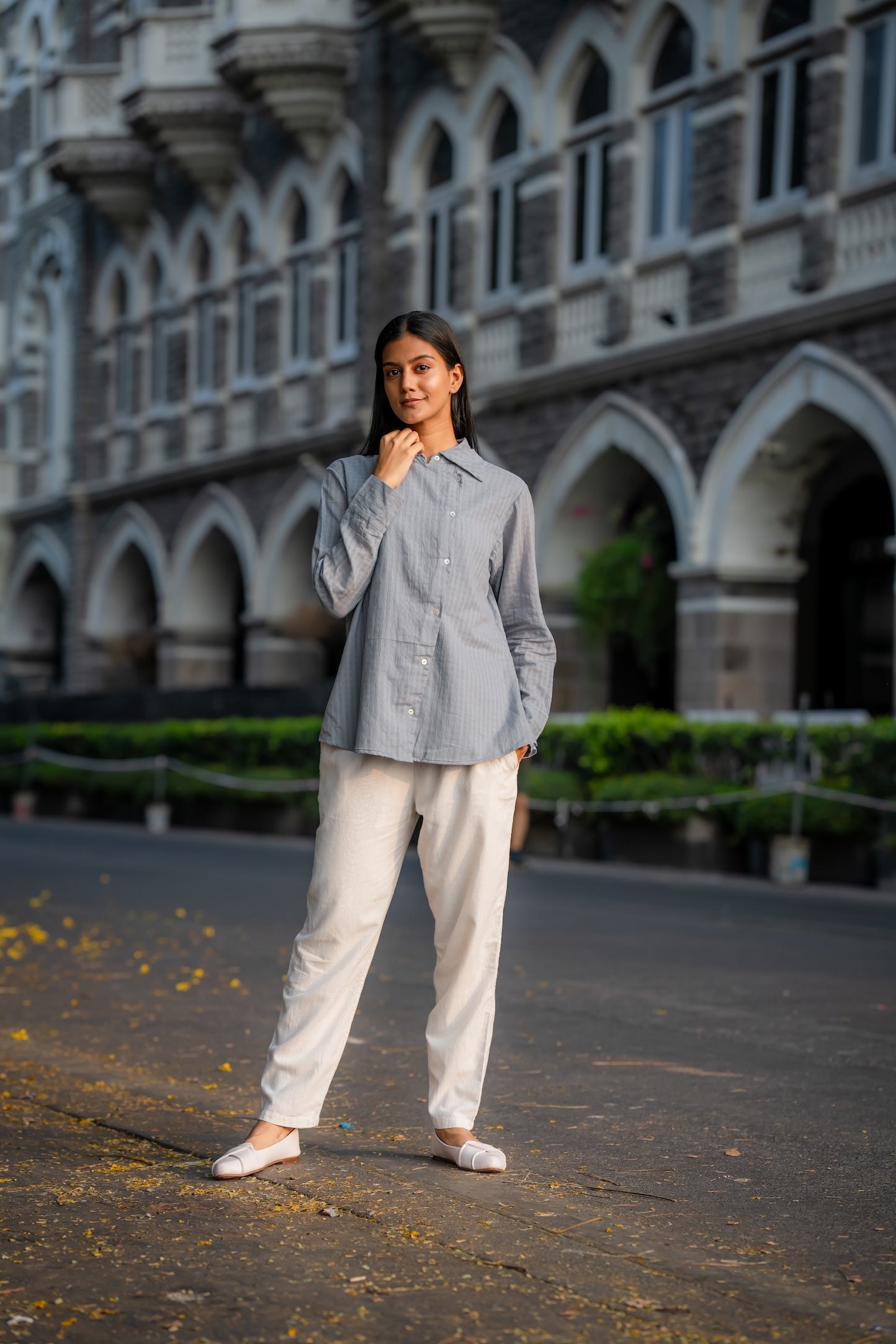 Grey Button-Down Handwoven Shirt by Krushnachuda with Chilika by Krushnachuda, Grey, Handloom Cotton, Loose Fit, Natural Dye, Organic, Outerwear, Self Design, Womenswear at Kamakhyaa for sustainable fashion