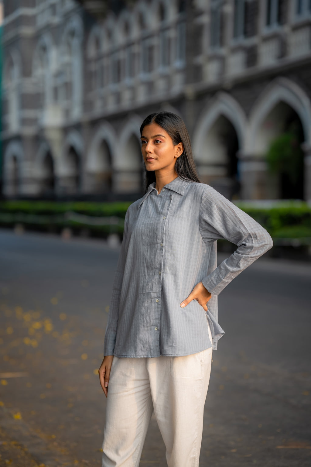 Grey Button-Down Handwoven Shirt by Krushnachuda with Chilika by Krushnachuda, Grey, Handloom Cotton, Loose Fit, Natural Dye, Organic, Outerwear, Self Design, Womenswear at Kamakhyaa for sustainable fashion