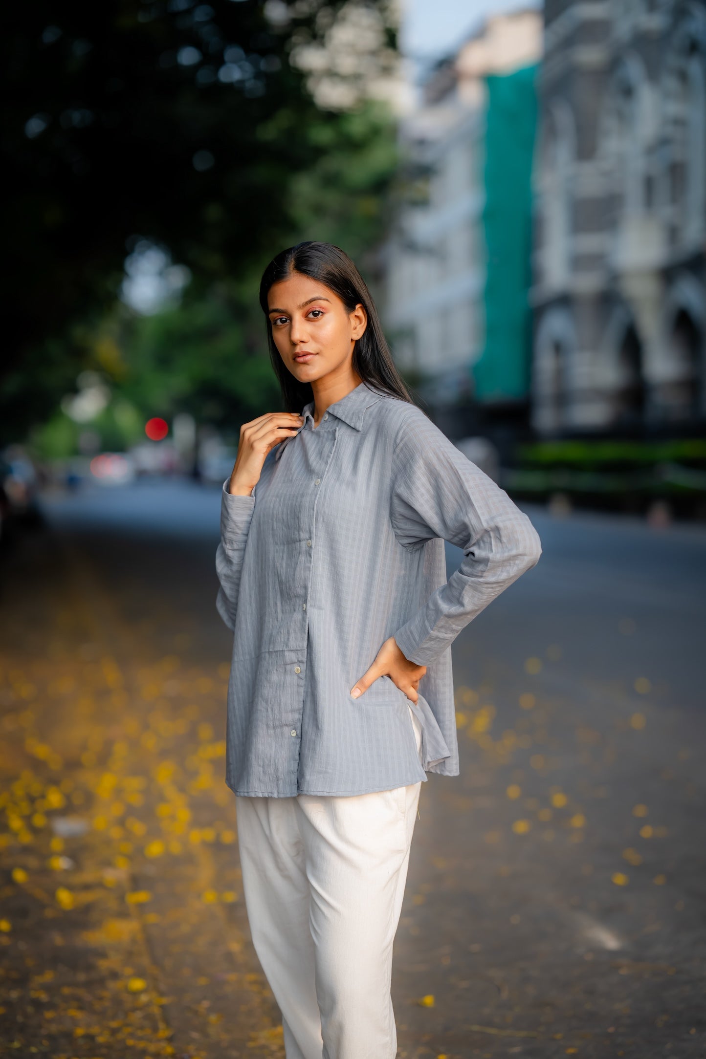 Grey Button-Down Handwoven Shirt by Krushnachuda with Chilika by Krushnachuda, Grey, Handloom Cotton, Loose Fit, Natural Dye, Organic, Outerwear, Self Design, Womenswear at Kamakhyaa for sustainable fashion