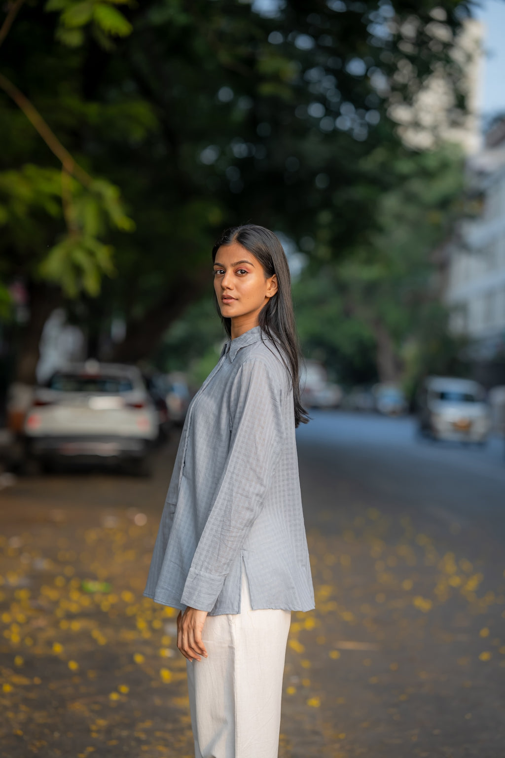 Grey Button-Down Handwoven Shirt by Krushnachuda with Chilika by Krushnachuda, Grey, Handloom Cotton, Loose Fit, Natural Dye, Organic, Outerwear, Self Design, Womenswear at Kamakhyaa for sustainable fashion