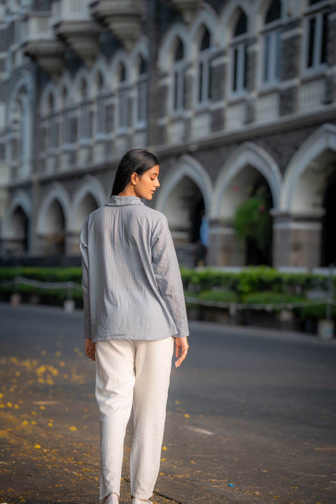 Grey Button-Down Handwoven Shirt by Krushnachuda with Chilika by Krushnachuda, Grey, Handloom Cotton, Loose Fit, Natural Dye, Organic, Outerwear, Self Design, Womenswear at Kamakhyaa for sustainable fashion