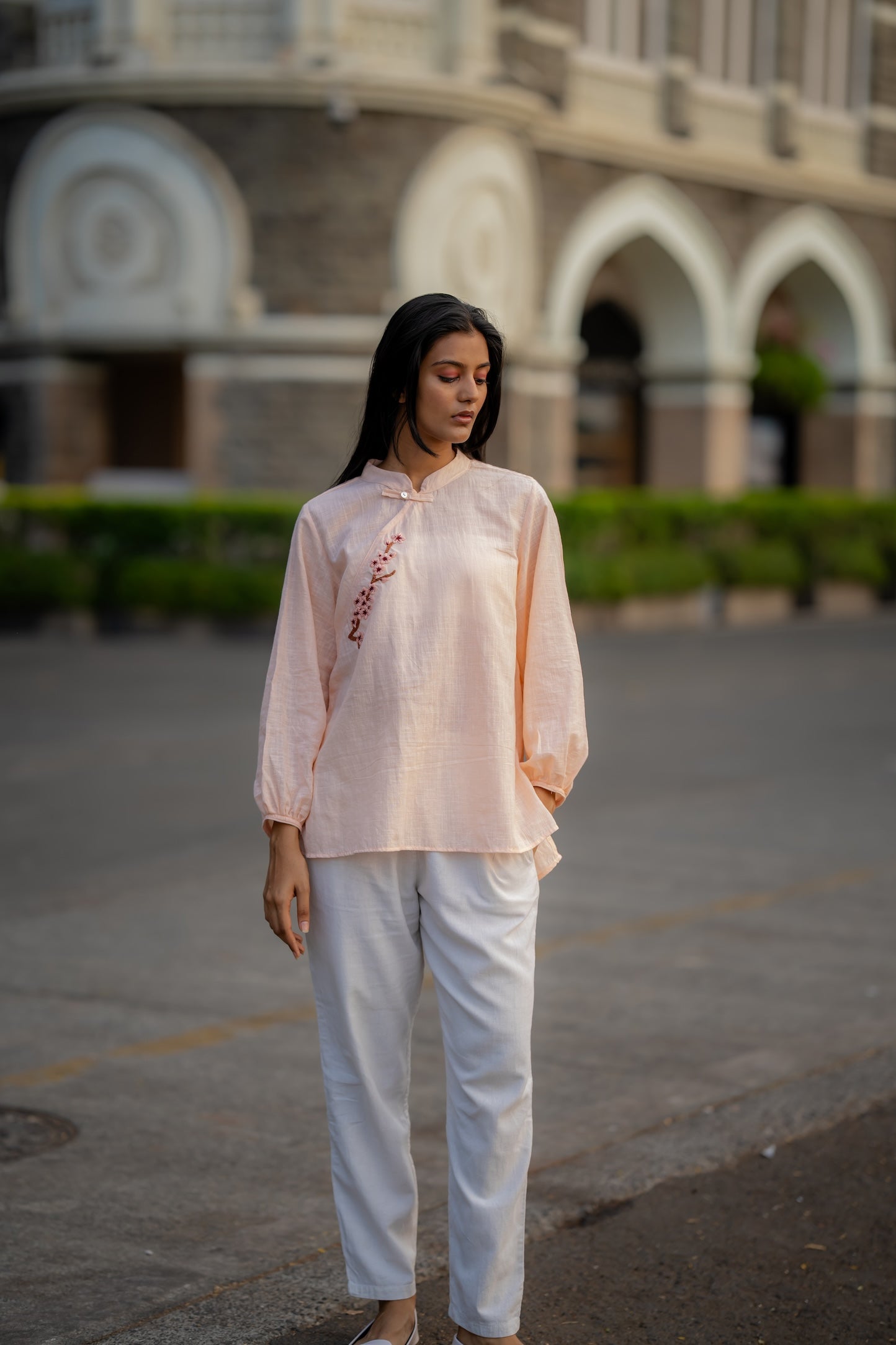 Pale Pink Hand Embroidered Shirt by Krushnachuda with Chilika by Krushnachuda, Embroidered, Handloom Cotton, Loose Fit, Natural Dye, Organic, Outerwear, Pink, Womenswear at Kamakhyaa for sustainable fashion