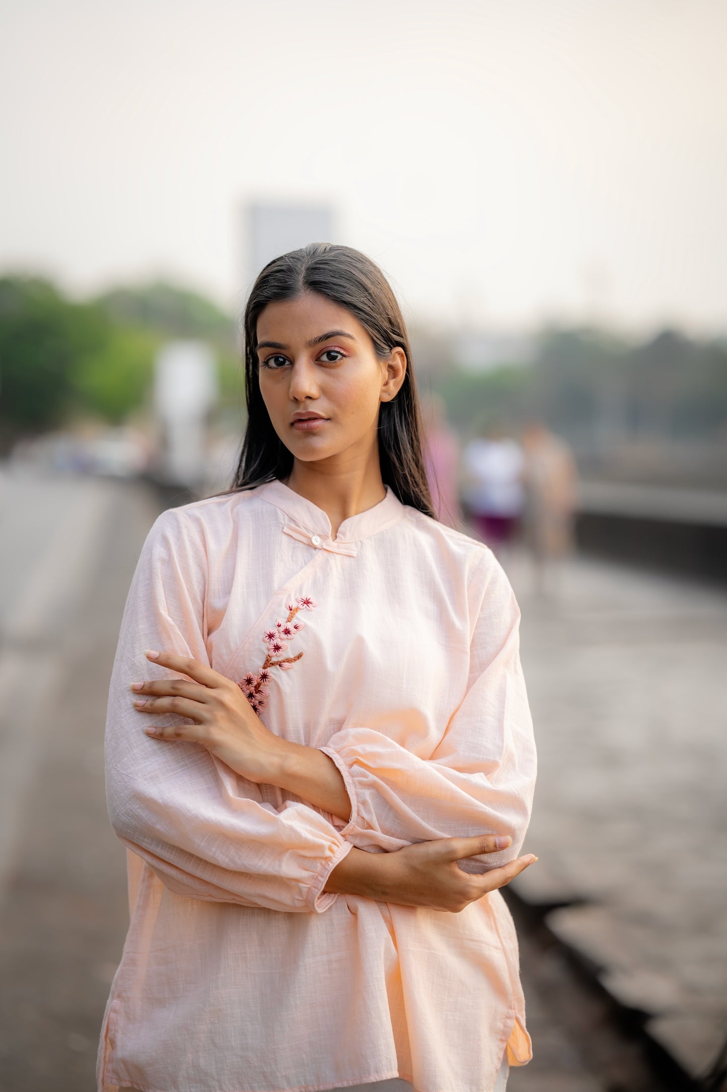 Pale Pink Hand Embroidered Shirt by Krushnachuda with Chilika by Krushnachuda, Embroidered, Handloom Cotton, Loose Fit, Natural Dye, Organic, Outerwear, Pink, Womenswear at Kamakhyaa for sustainable fashion