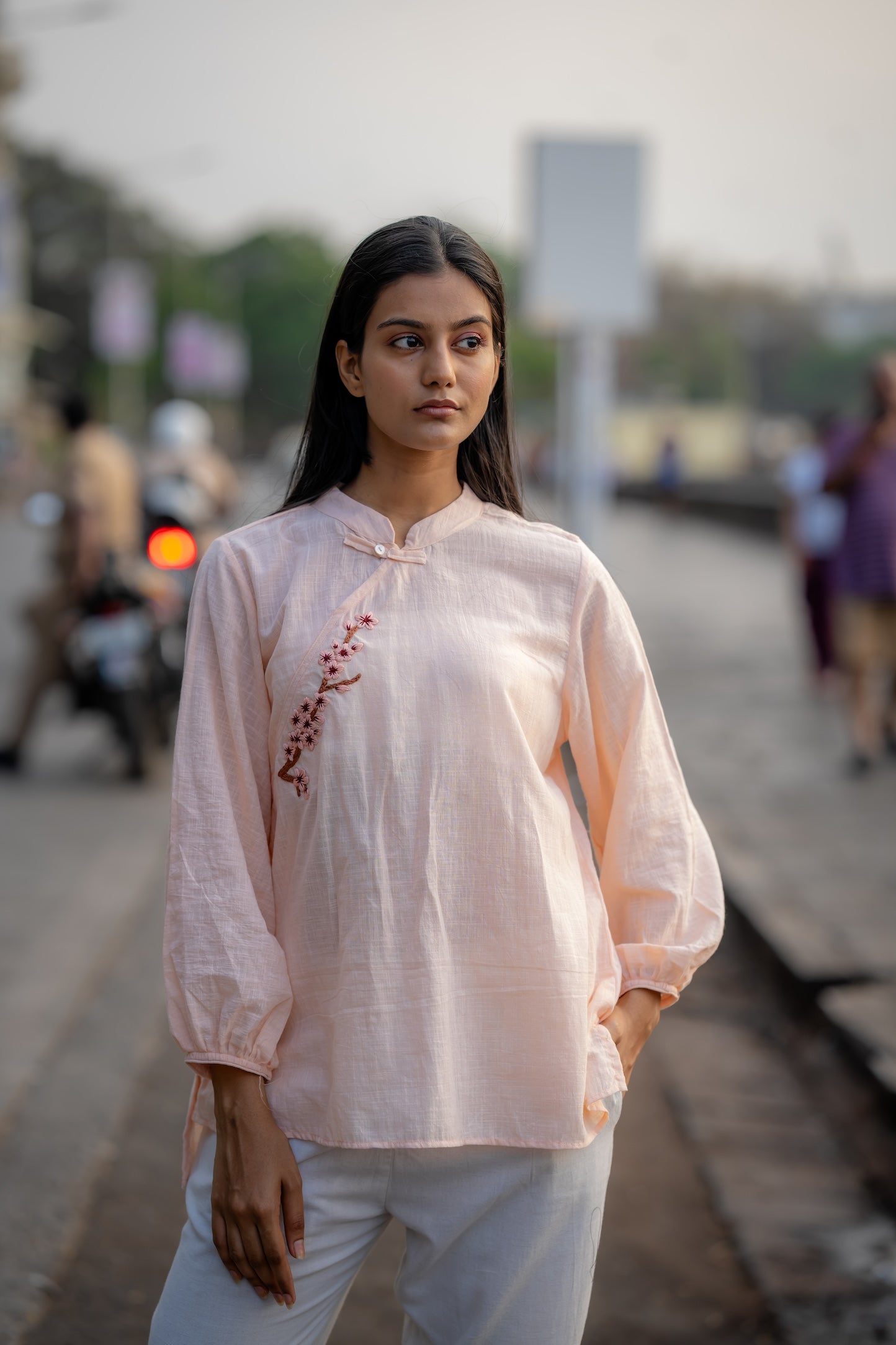 Pale Pink Hand Embroidered Shirt by Krushnachuda with Chilika by Krushnachuda, Embroidered, Handloom Cotton, Loose Fit, Natural Dye, Organic, Outerwear, Pink, Womenswear at Kamakhyaa for sustainable fashion