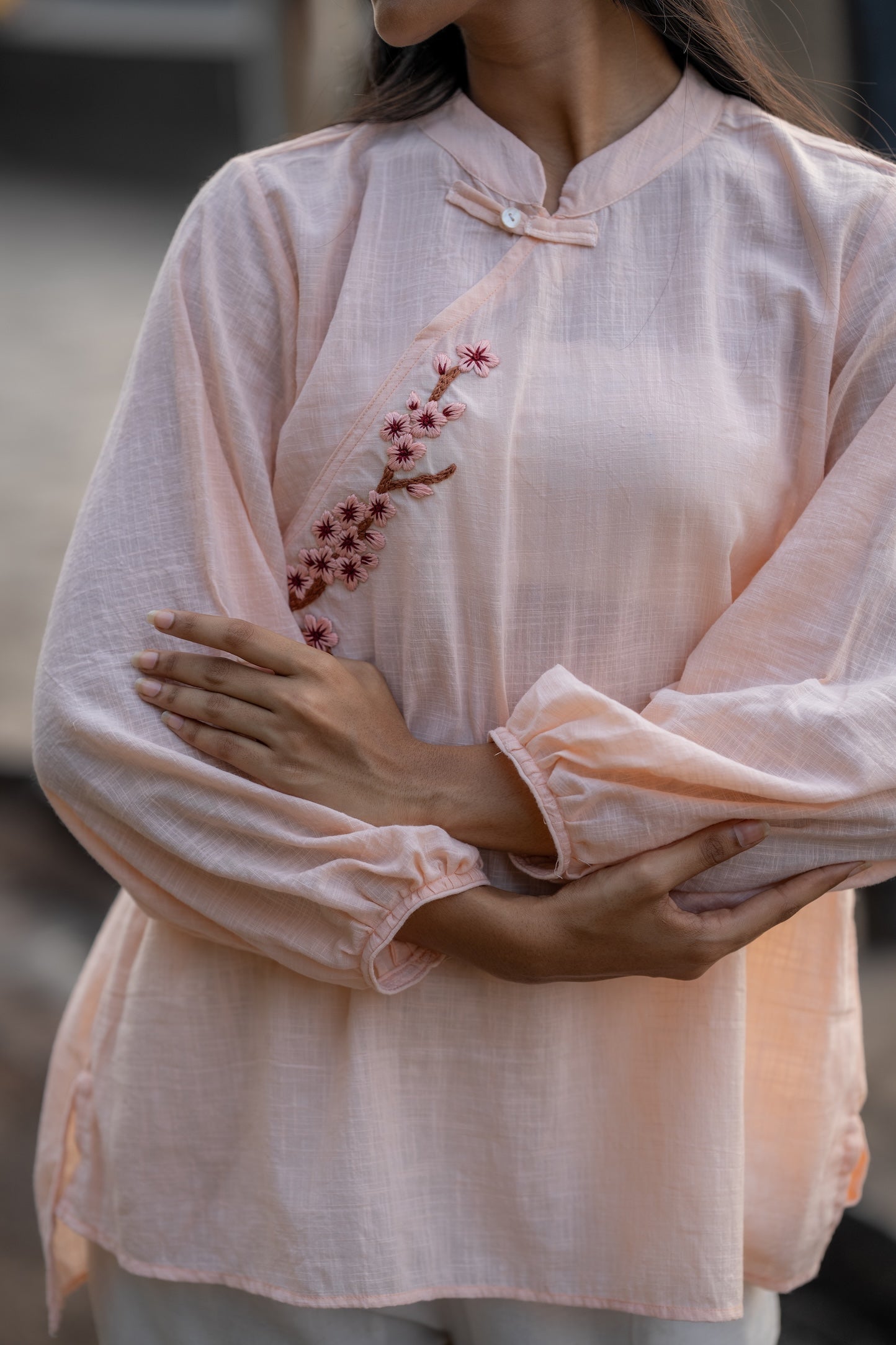 Pale Pink Hand Embroidered Shirt by Krushnachuda with Chilika by Krushnachuda, Embroidered, Handloom Cotton, Loose Fit, Natural Dye, Organic, Outerwear, Pink, Womenswear at Kamakhyaa for sustainable fashion