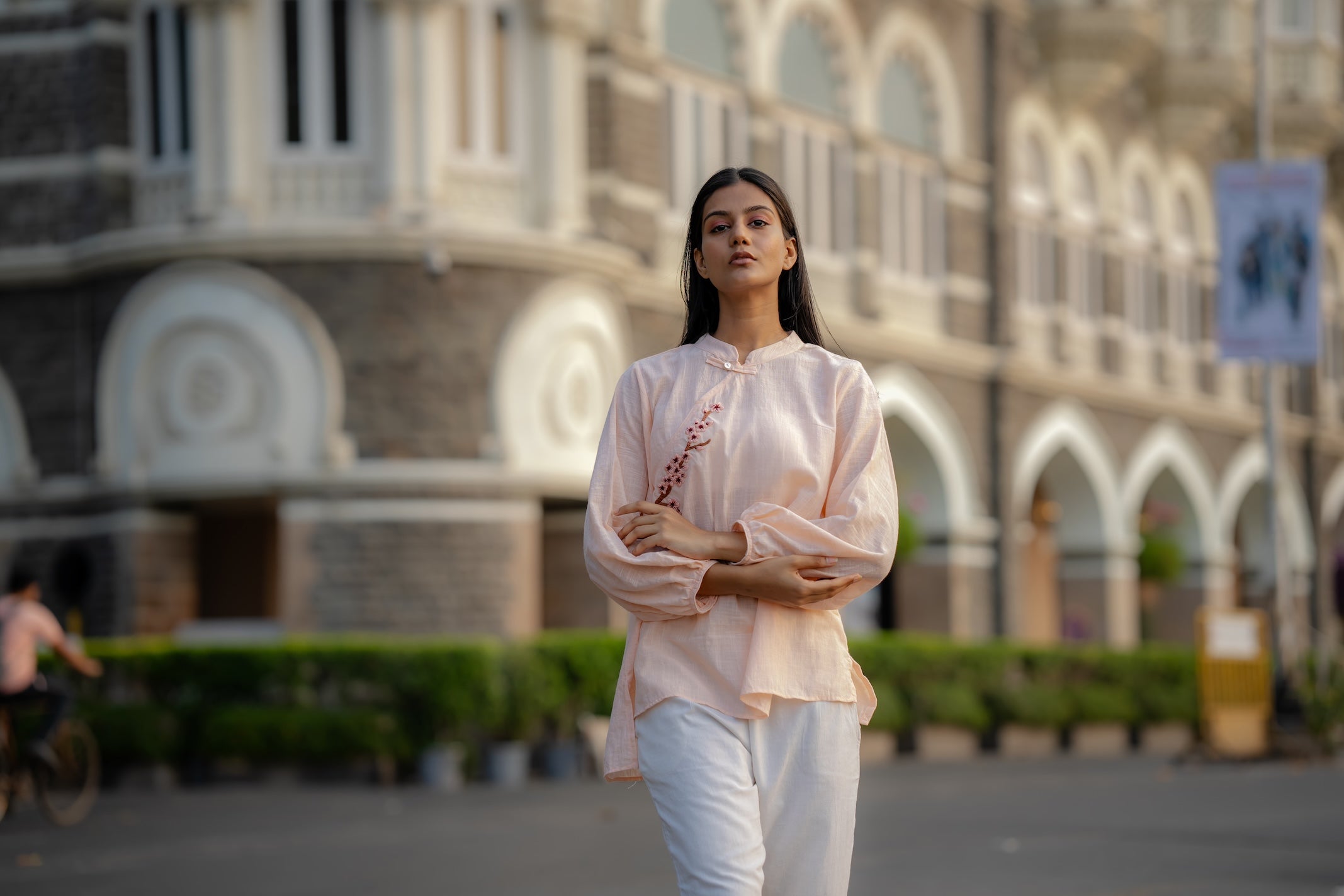 Pale Pink Hand Embroidered Shirt by Krushnachuda with Chilika by Krushnachuda, Embroidered, Handloom Cotton, Loose Fit, Natural Dye, Organic, Outerwear, Pink, Womenswear at Kamakhyaa for sustainable fashion