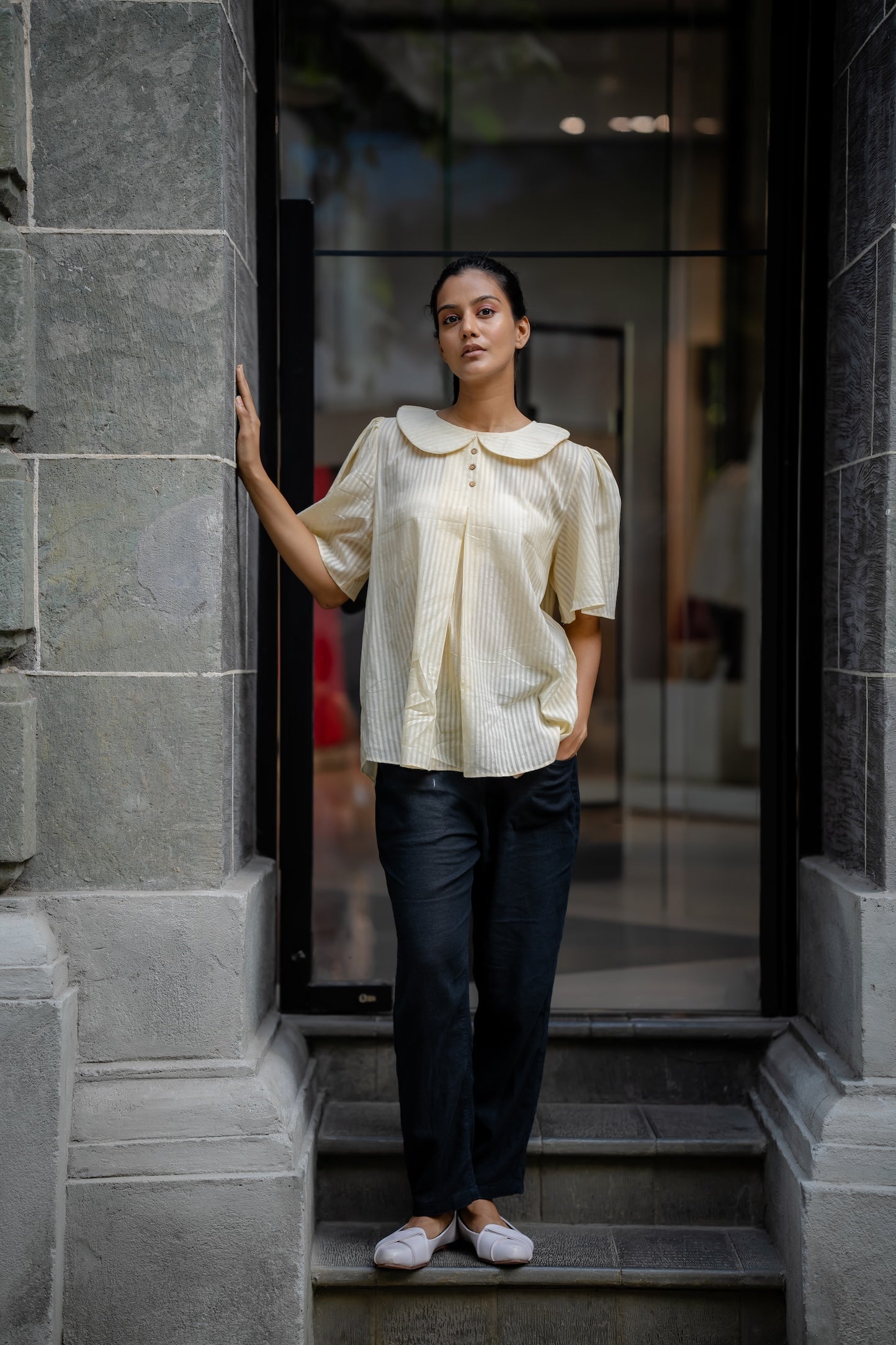 Cream Handwoven Striped Shirt by Krushnachuda with Chilika by Krushnachuda, Cream, Handloom Cotton, Loose Fit, Natural Dye, Off-white, Organic, Outerwear, Self Design, Womenswear at Kamakhyaa for sustainable fashion
