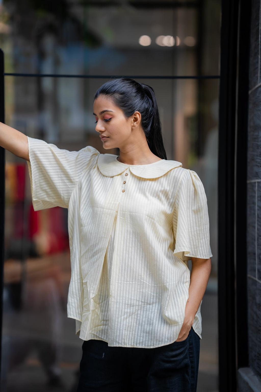Cream Handwoven Striped Shirt by Krushnachuda with Chilika by Krushnachuda, Cream, Handloom Cotton, Loose Fit, Natural Dye, Off-white, Organic, Outerwear, Self Design, Womenswear at Kamakhyaa for sustainable fashion