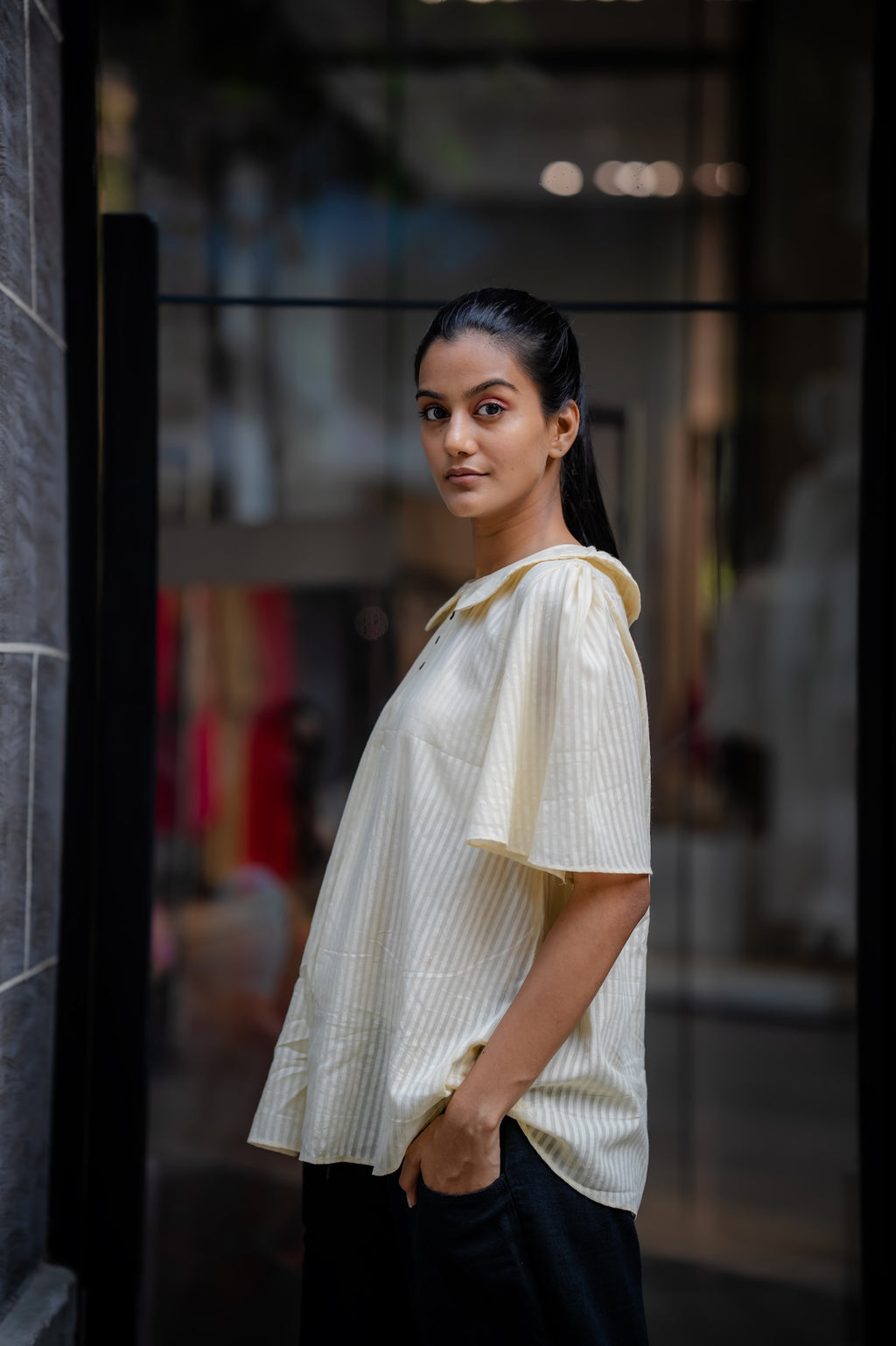 Cream Handwoven Striped Shirt by Krushnachuda with Chilika by Krushnachuda, Cream, Handloom Cotton, Loose Fit, Natural Dye, Off-white, Organic, Outerwear, Self Design, Womenswear at Kamakhyaa for sustainable fashion