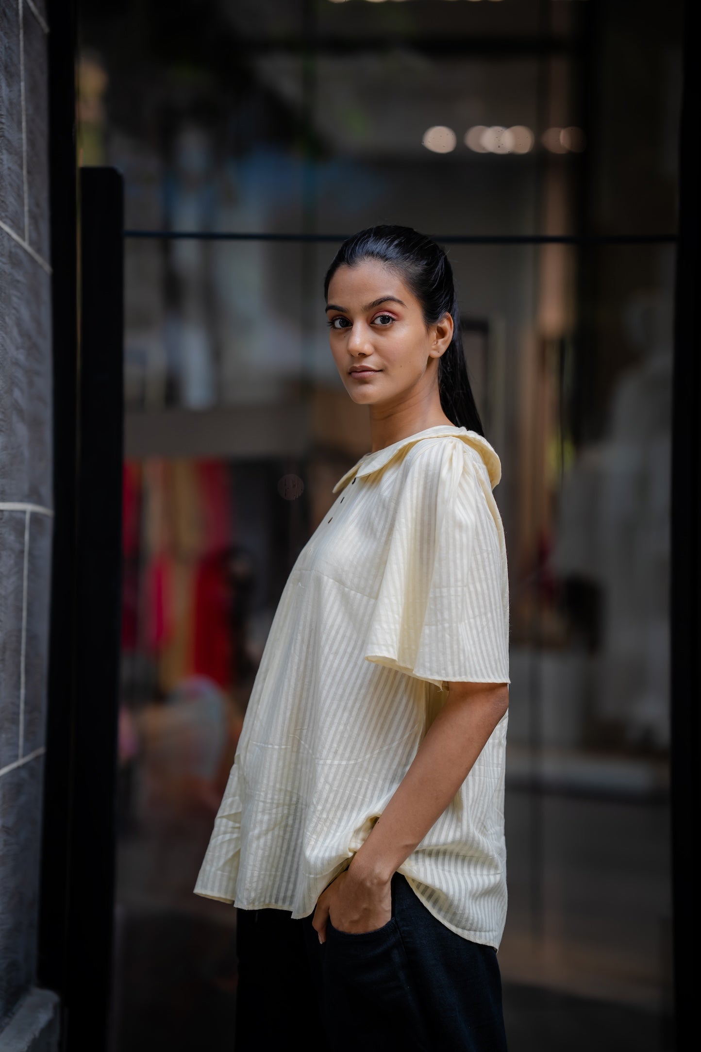 Cream Handwoven Striped Shirt by Krushnachuda with Chilika by Krushnachuda, Cream, Handloom Cotton, Loose Fit, Natural Dye, Off-white, Organic, Outerwear, Self Design, Womenswear at Kamakhyaa for sustainable fashion