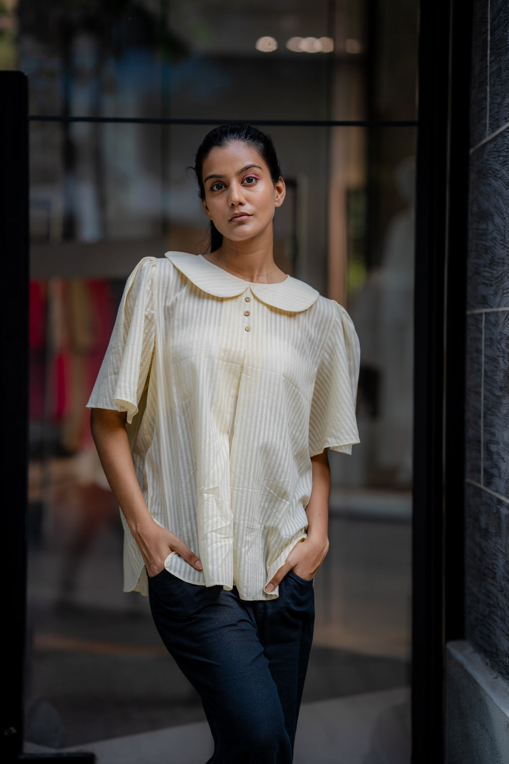 Cream Handwoven Striped Shirt by Krushnachuda with Chilika by Krushnachuda, Cream, Handloom Cotton, Loose Fit, Natural Dye, Off-white, Organic, Outerwear, Self Design, Womenswear at Kamakhyaa for sustainable fashion
