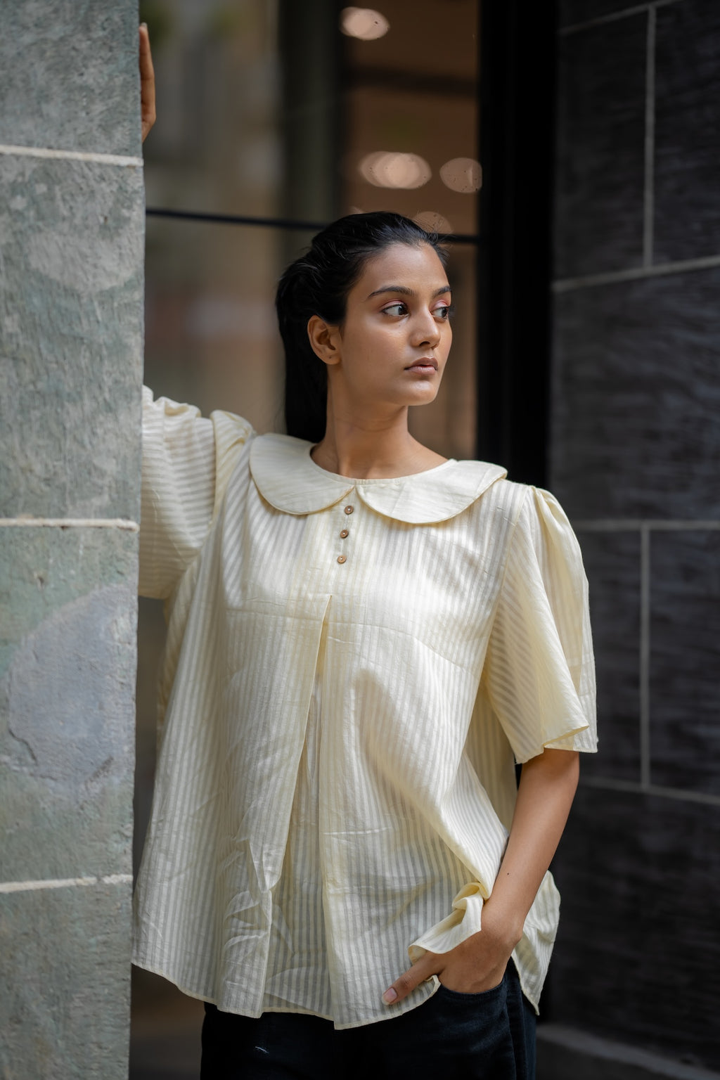 Cream Handwoven Striped Shirt by Krushnachuda with Chilika by Krushnachuda, Cream, Handloom Cotton, Loose Fit, Natural Dye, Off-white, Organic, Outerwear, Self Design, Womenswear at Kamakhyaa for sustainable fashion