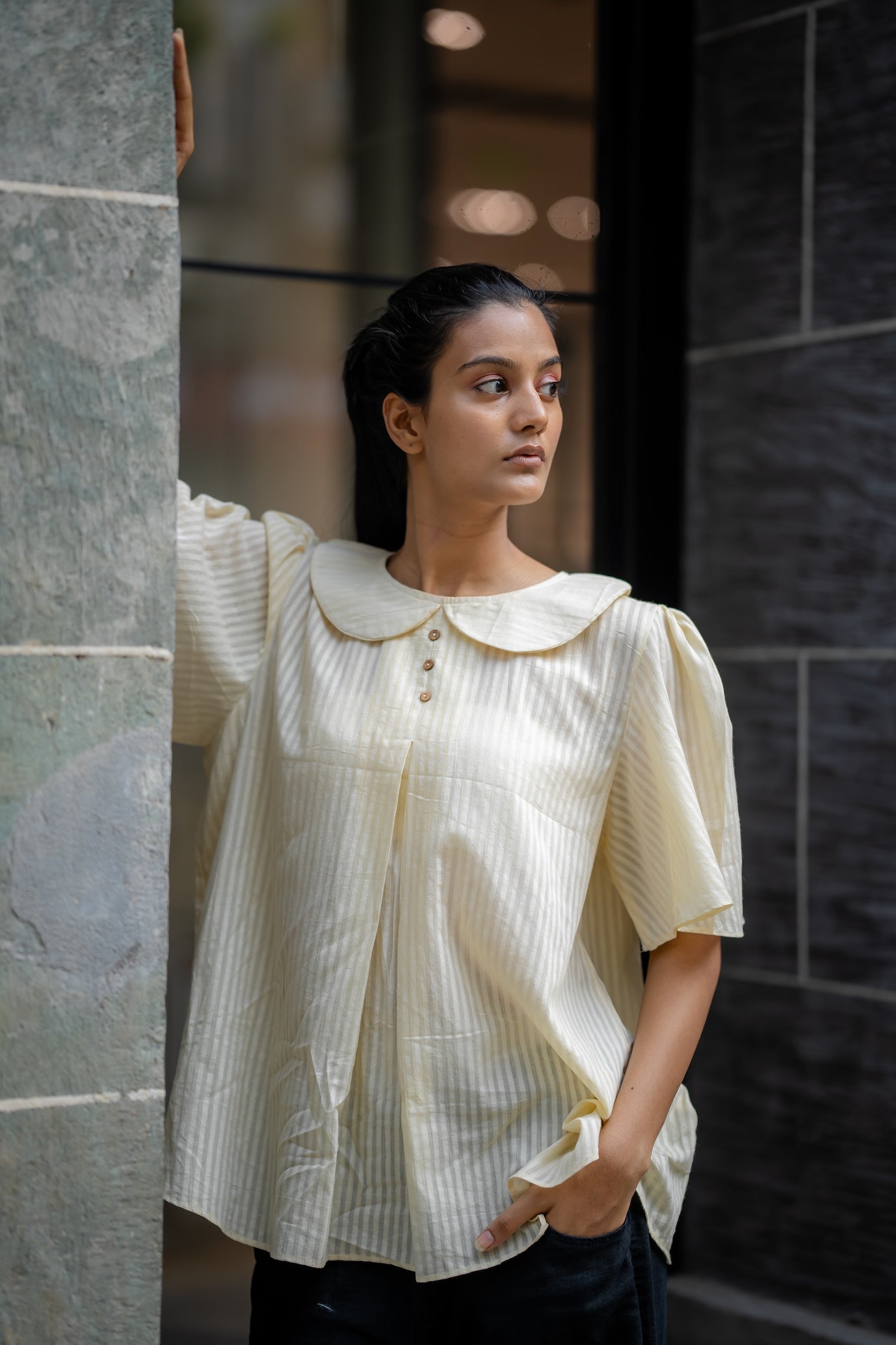 Cream Handwoven Striped Shirt by Krushnachuda with Chilika by Krushnachuda, Cream, Handloom Cotton, Loose Fit, Natural Dye, Off-white, Organic, Outerwear, Self Design, Womenswear at Kamakhyaa for sustainable fashion