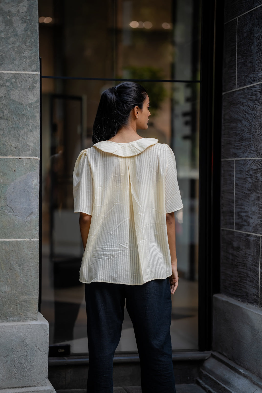 Cream Handwoven Striped Shirt by Krushnachuda with Chilika by Krushnachuda, Cream, Handloom Cotton, Loose Fit, Natural Dye, Off-white, Organic, Outerwear, Self Design, Womenswear at Kamakhyaa for sustainable fashion