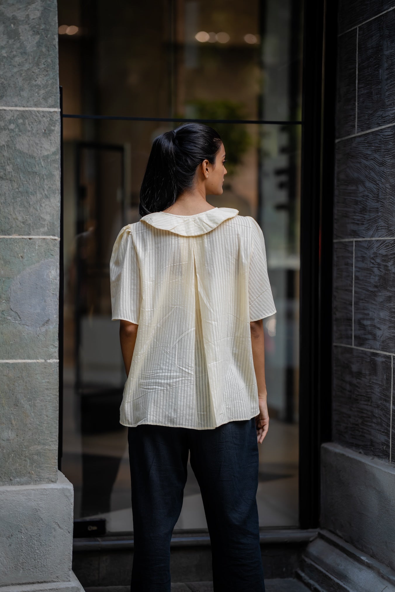 Cream Handwoven Striped Shirt by Krushnachuda with Chilika by Krushnachuda, Cream, Handloom Cotton, Loose Fit, Natural Dye, Off-white, Organic, Outerwear, Self Design, Womenswear at Kamakhyaa for sustainable fashion