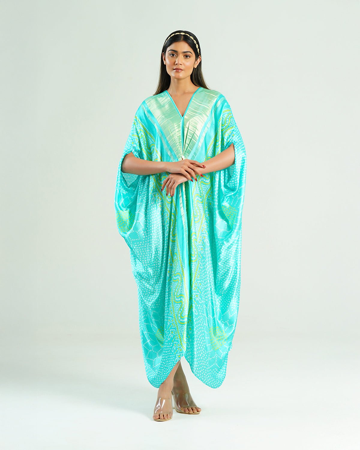 Kaftan Bandhej - Aquamarine / Gold - Mayura Kumar