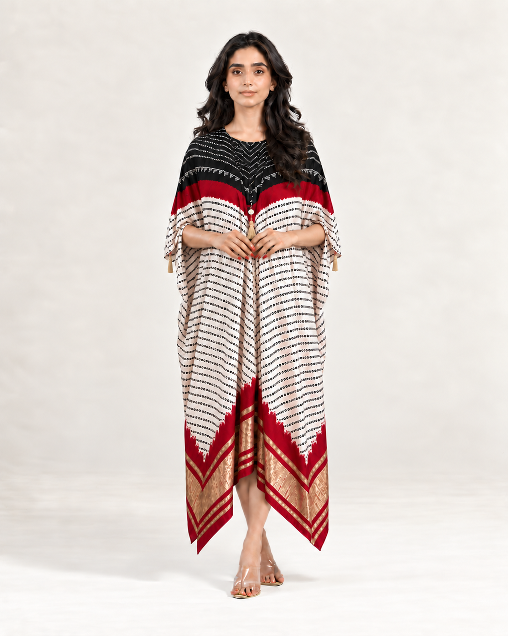 Kaftan Bandhej - Black / Burgundy / Ivory Base by Mayura Kumar with Bandhej Digital Print & Zari Weave, enrich-attempted, enrich-completed at in.kamakhyaa.com for sustainable fashion