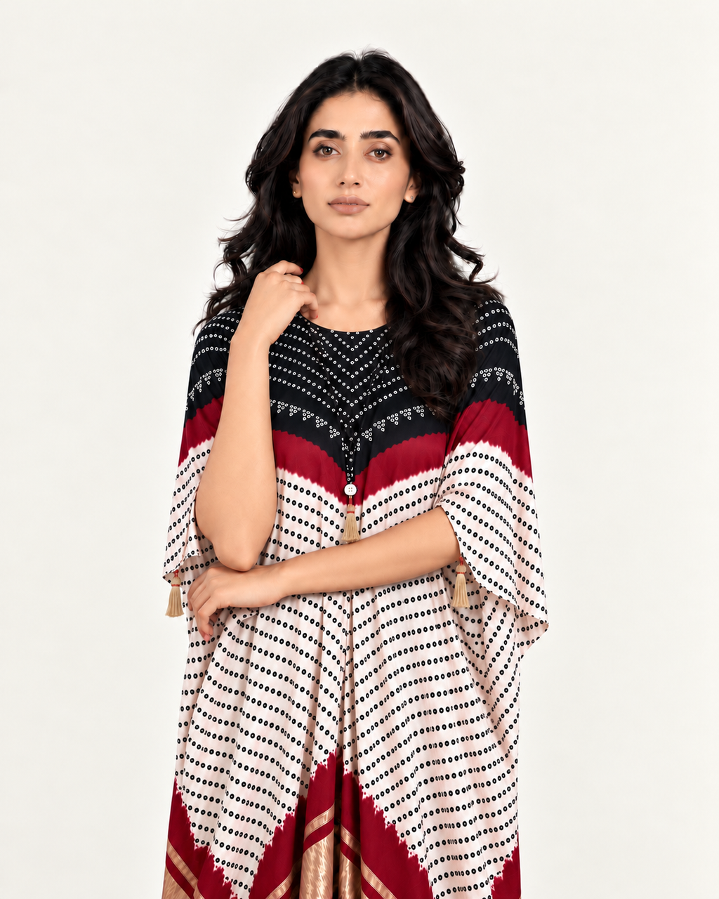 Kaftan Bandhej - Black / Burgundy / Ivory Base by Mayura Kumar with Bandhej Digital Print & Zari Weave, enrich-attempted, enrich-completed at in.kamakhyaa.com for sustainable fashion