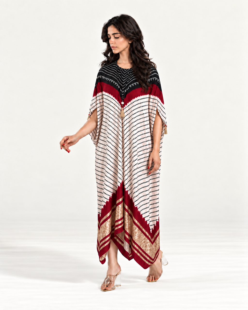 Kaftan Bandhej - Black / Burgundy / Ivory Base by Mayura Kumar with Bandhej Digital Print & Zari Weave, enrich-attempted, enrich-completed at in.kamakhyaa.com for sustainable fashion