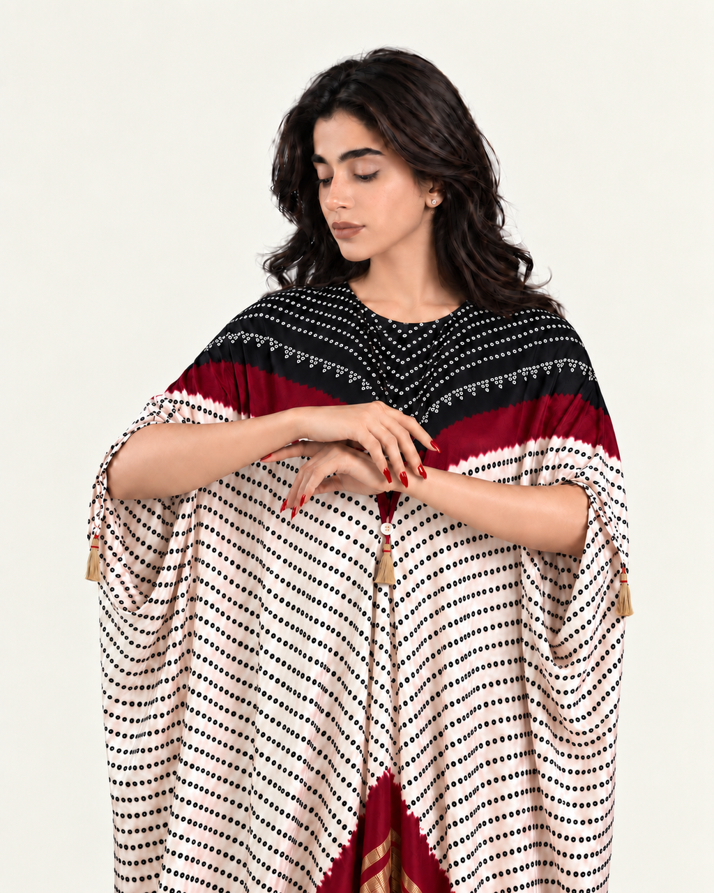 Kaftan Bandhej - Black / Burgundy / Ivory Base by Mayura Kumar with Bandhej Digital Print & Zari Weave, enrich-attempted, enrich-completed at in.kamakhyaa.com for sustainable fashion