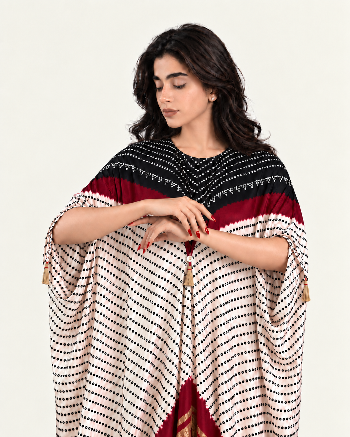 Kaftan Bandhej - Black / Burgundy / Ivory Base by Mayura Kumar with Bandhej Digital Print & Zari Weave, enrich-attempted, enrich-completed at in.kamakhyaa.com for sustainable fashion