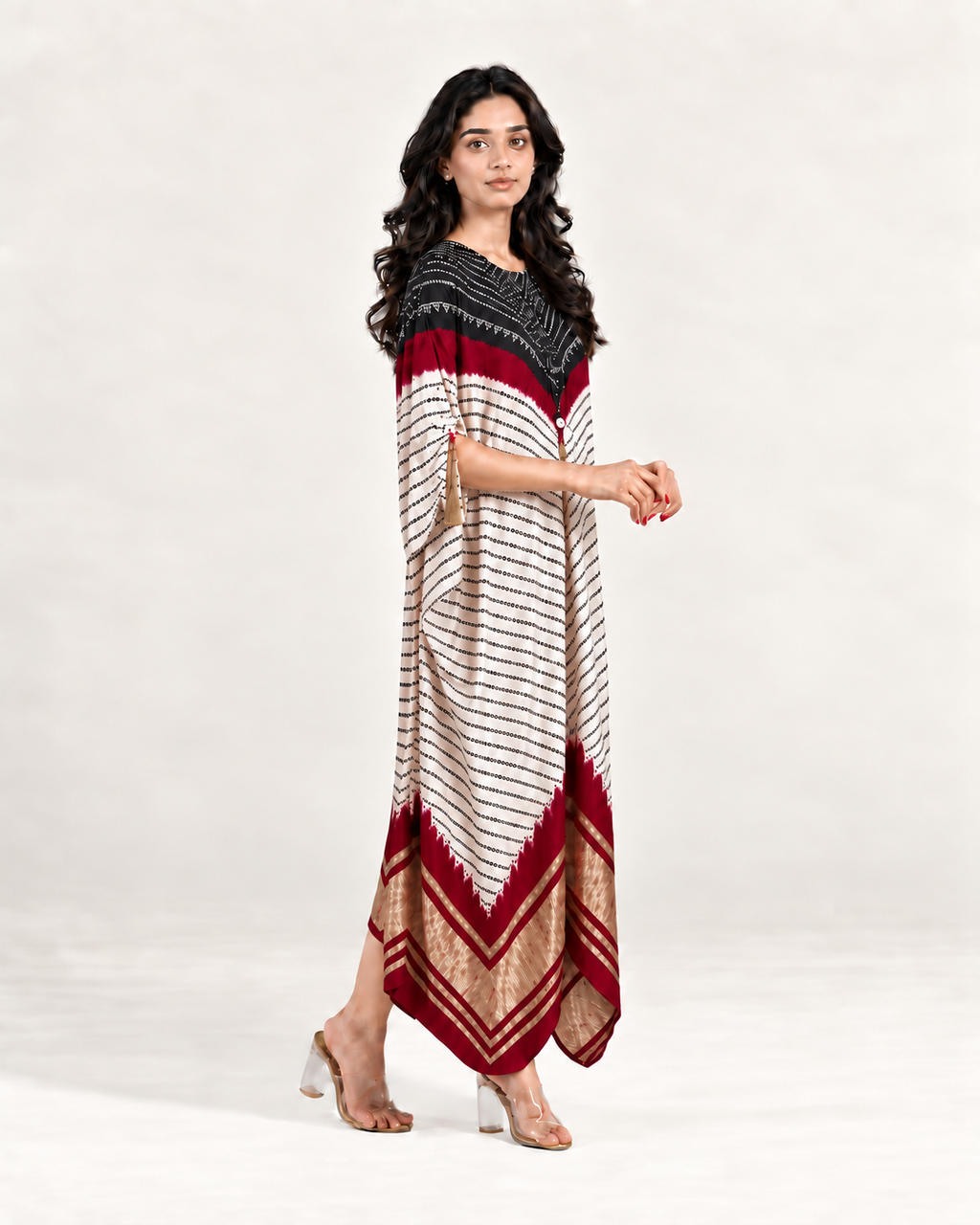 Kaftan Bandhej - Black / Burgundy / Ivory Base by Mayura Kumar with Bandhej Digital Print & Zari Weave, enrich-attempted, enrich-completed at in.kamakhyaa.com for sustainable fashion