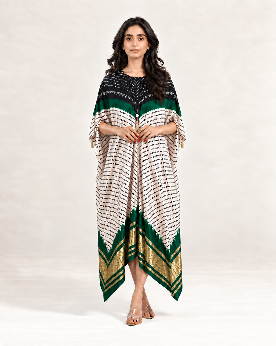 Kaftan Bandhej - Black/Dark Green/Ivory Base - Mayura Kumar