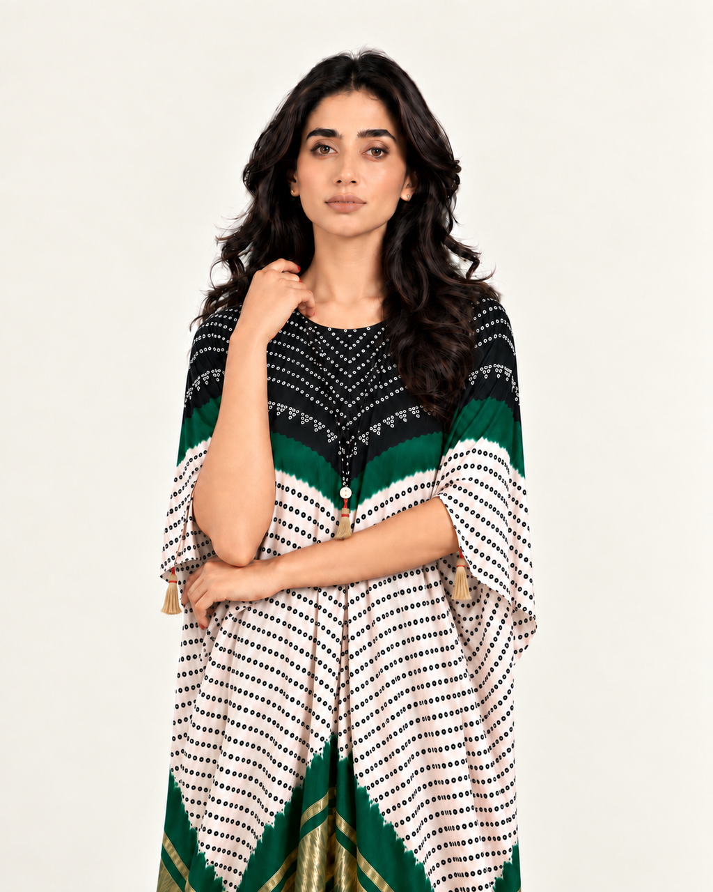 Kaftan Bandhej - Black/Dark Green/Ivory Base - Mayura Kumar