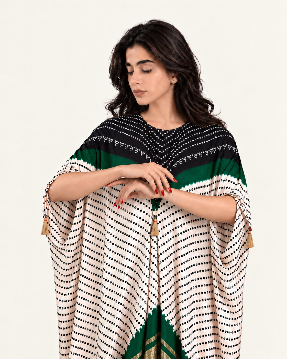 Kaftan Bandhej - Black/Dark Green/Ivory Base - Mayura Kumar