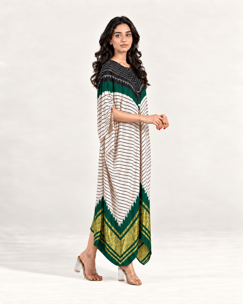 Kaftan Bandhej - Black/Dark Green/Ivory Base - Mayura Kumar
