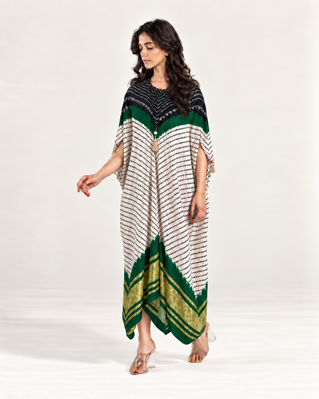 Kaftan Bandhej - Black/Dark Green/Ivory Base - Mayura Kumar