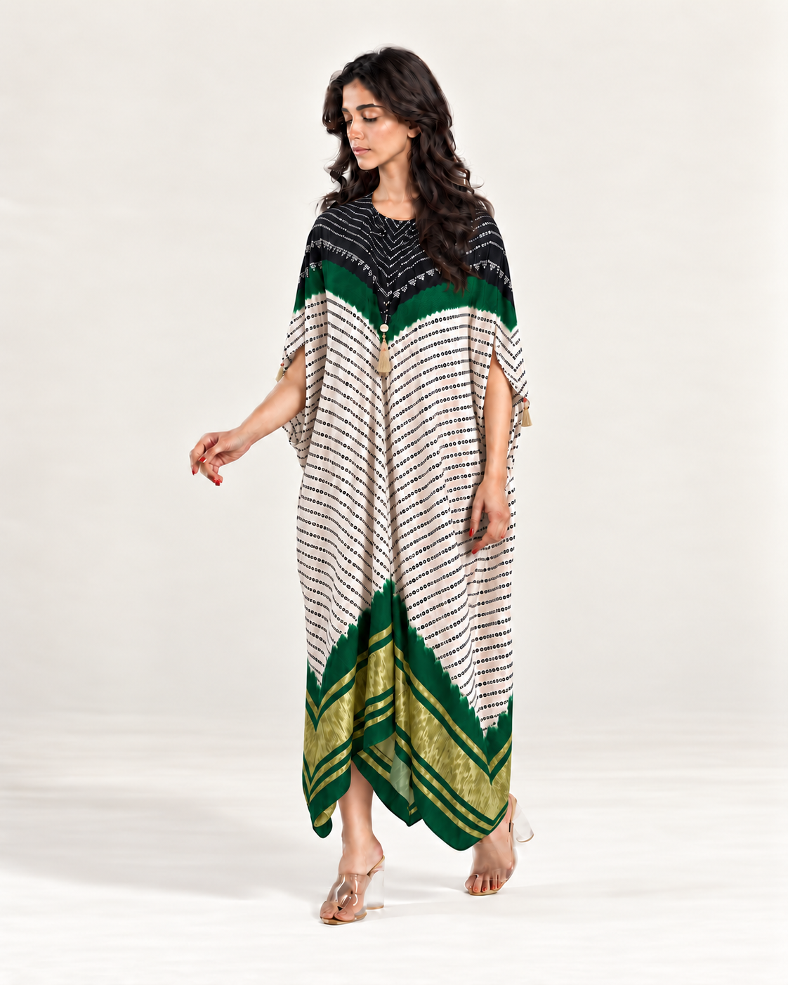 Kaftan Bandhej - Black/Dark Green/Ivory Base - Mayura Kumar
