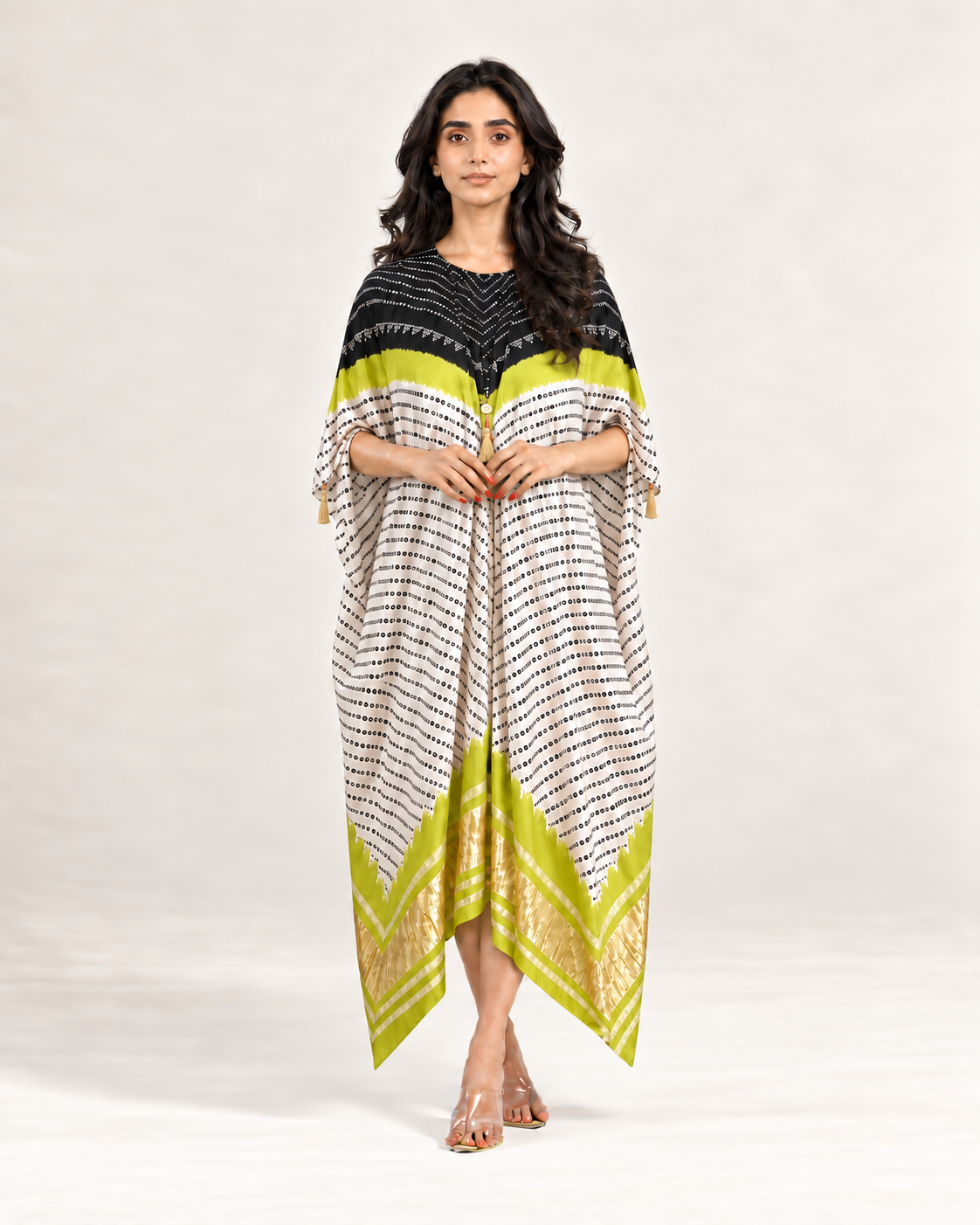 Kaftan Bandhej - Black/Lime Green/Ivory Base - Mayura Kumar