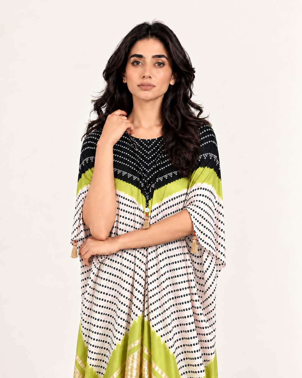 Kaftan Bandhej - Black/Lime Green/Ivory Base - Mayura Kumar