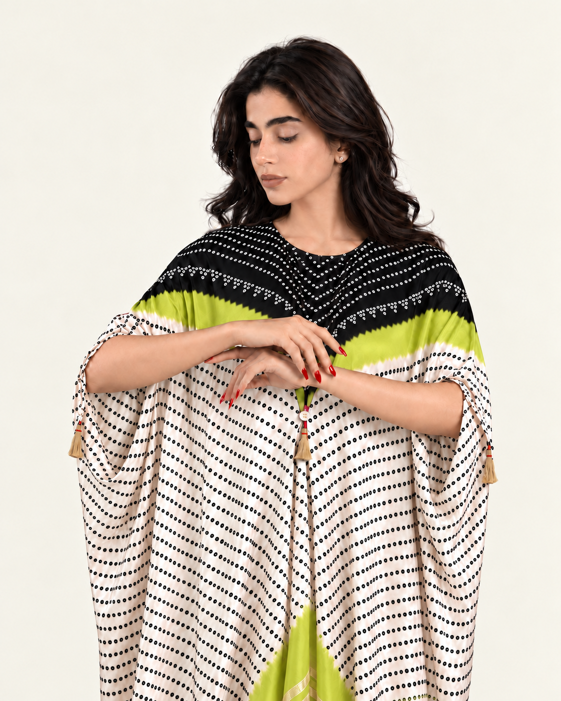 Kaftan Bandhej - Black/Lime Green/Ivory Base - Mayura Kumar