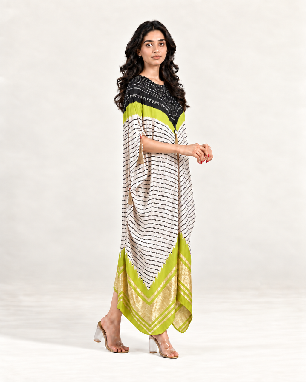Kaftan Bandhej - Black/Lime Green/Ivory Base - Mayura Kumar