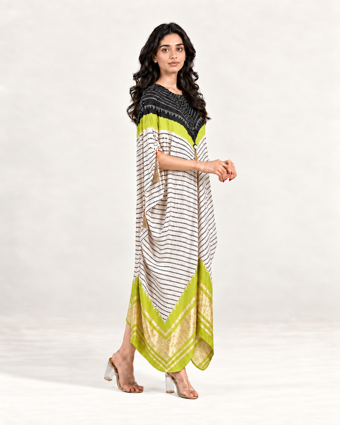 Kaftan Bandhej - Black/Lime Green/Ivory Base - Mayura Kumar