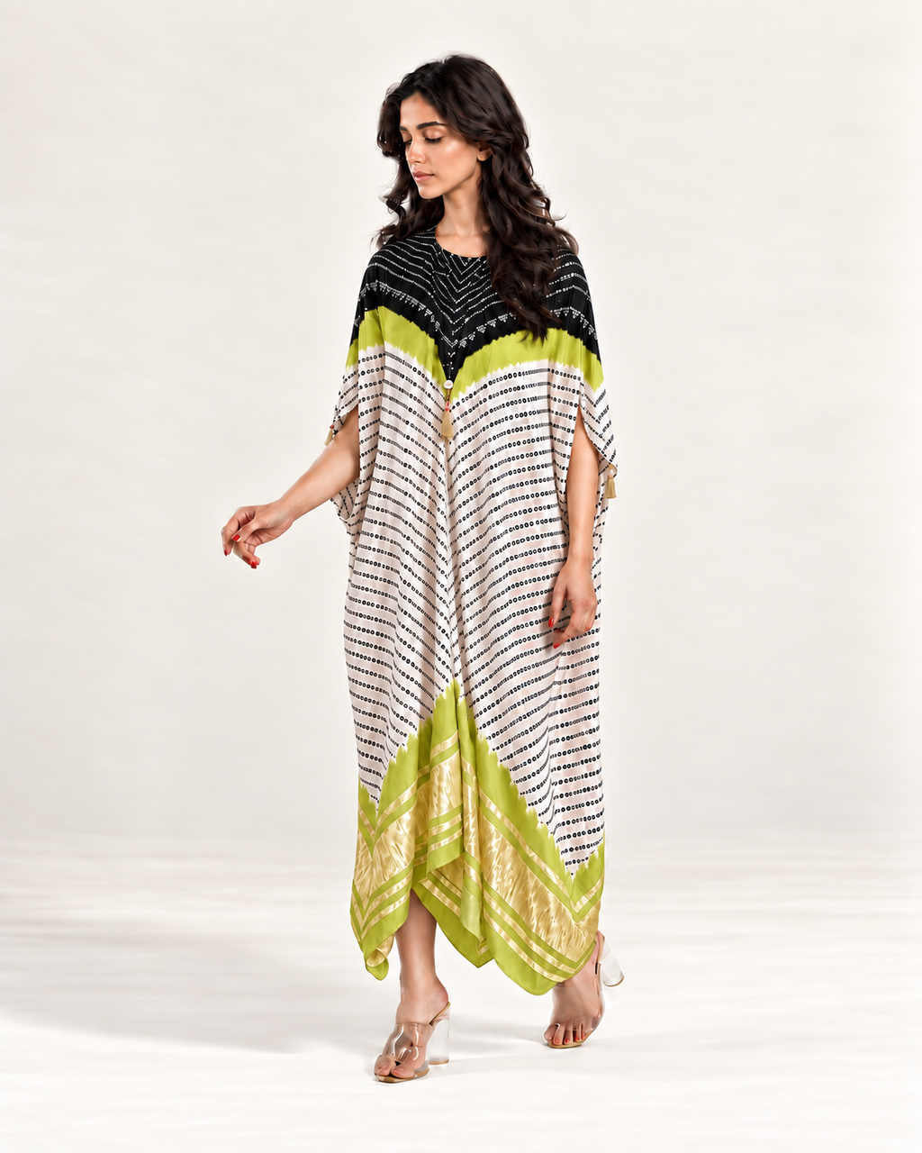 Kaftan Bandhej - Black/Lime Green/Ivory Base - Mayura Kumar