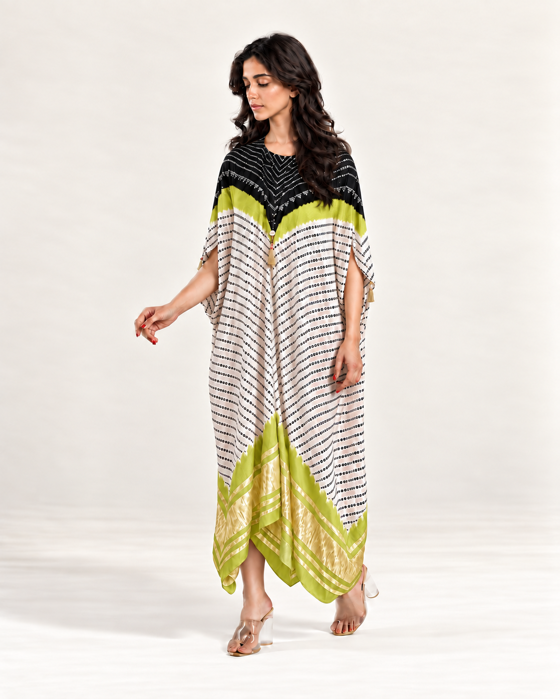 Kaftan Bandhej - Black/Lime Green/Ivory Base - Mayura Kumar