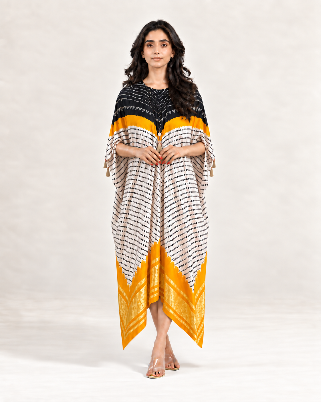 Kaftan Bandhej - Black/Mango/Ivory Base - Mayura Kumar