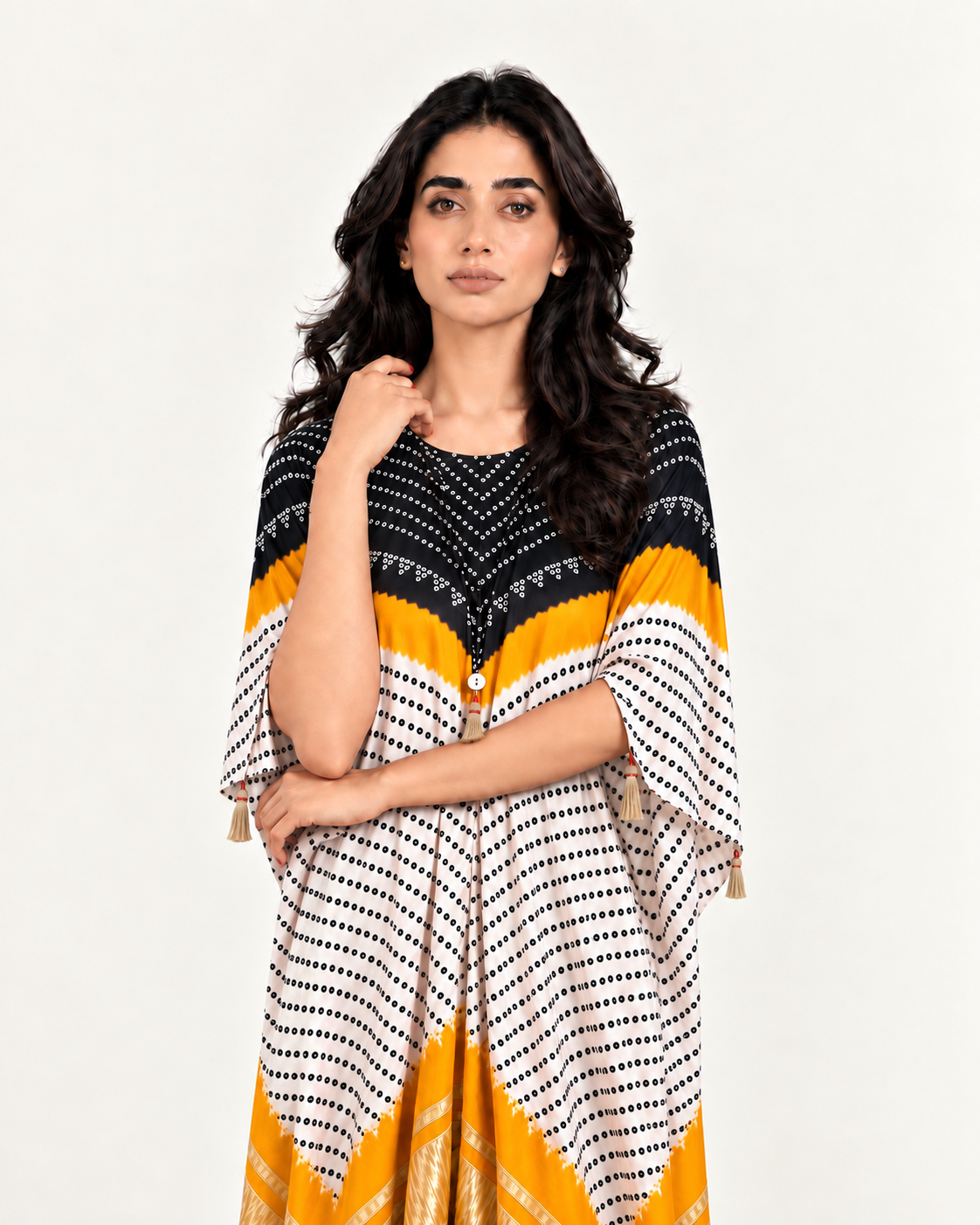 Kaftan Bandhej - Black/Mango/Ivory Base - Mayura Kumar