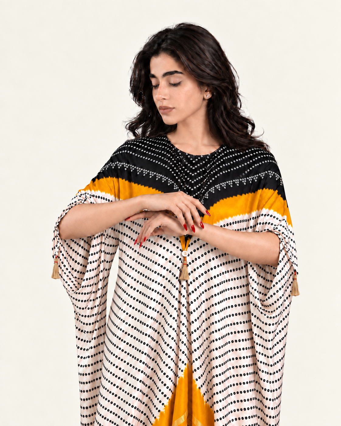 Kaftan Bandhej - Black/Mango/Ivory Base - Mayura Kumar