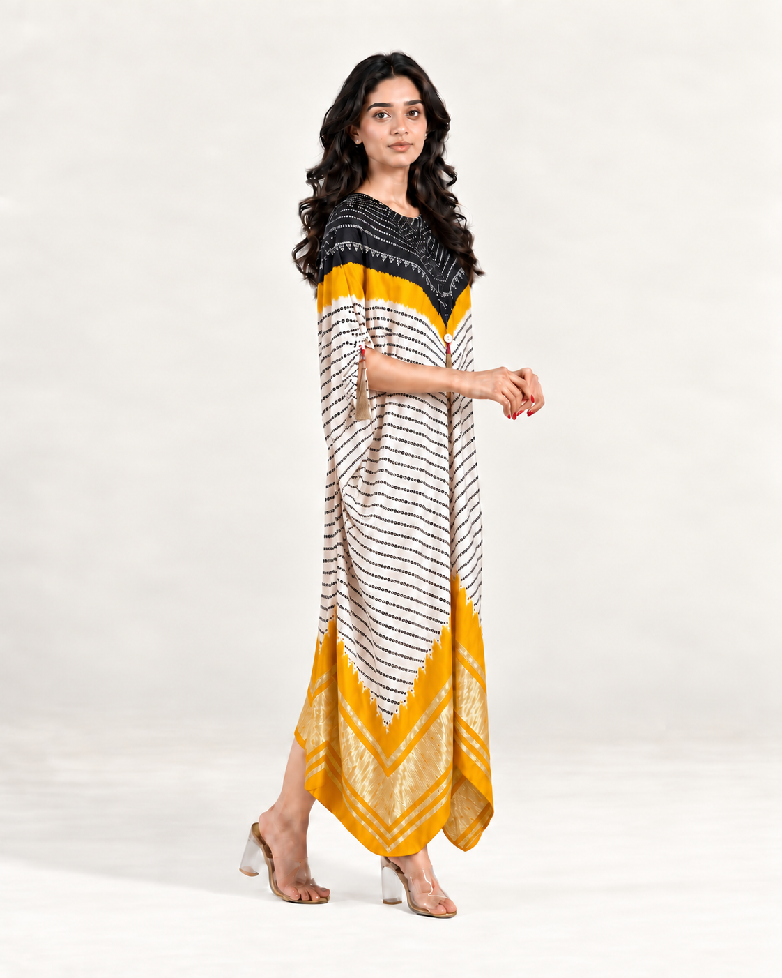 Kaftan Bandhej - Black/Mango/Ivory Base - Mayura Kumar