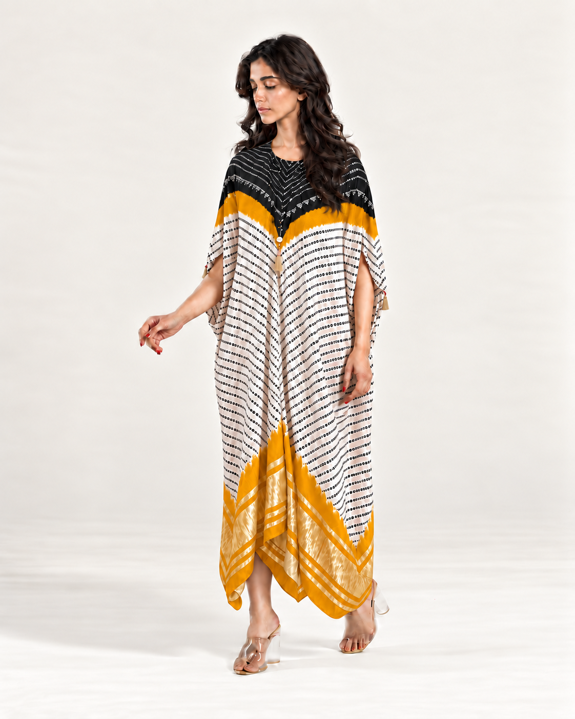 Kaftan Bandhej - Black/Mango/Ivory Base - Mayura Kumar