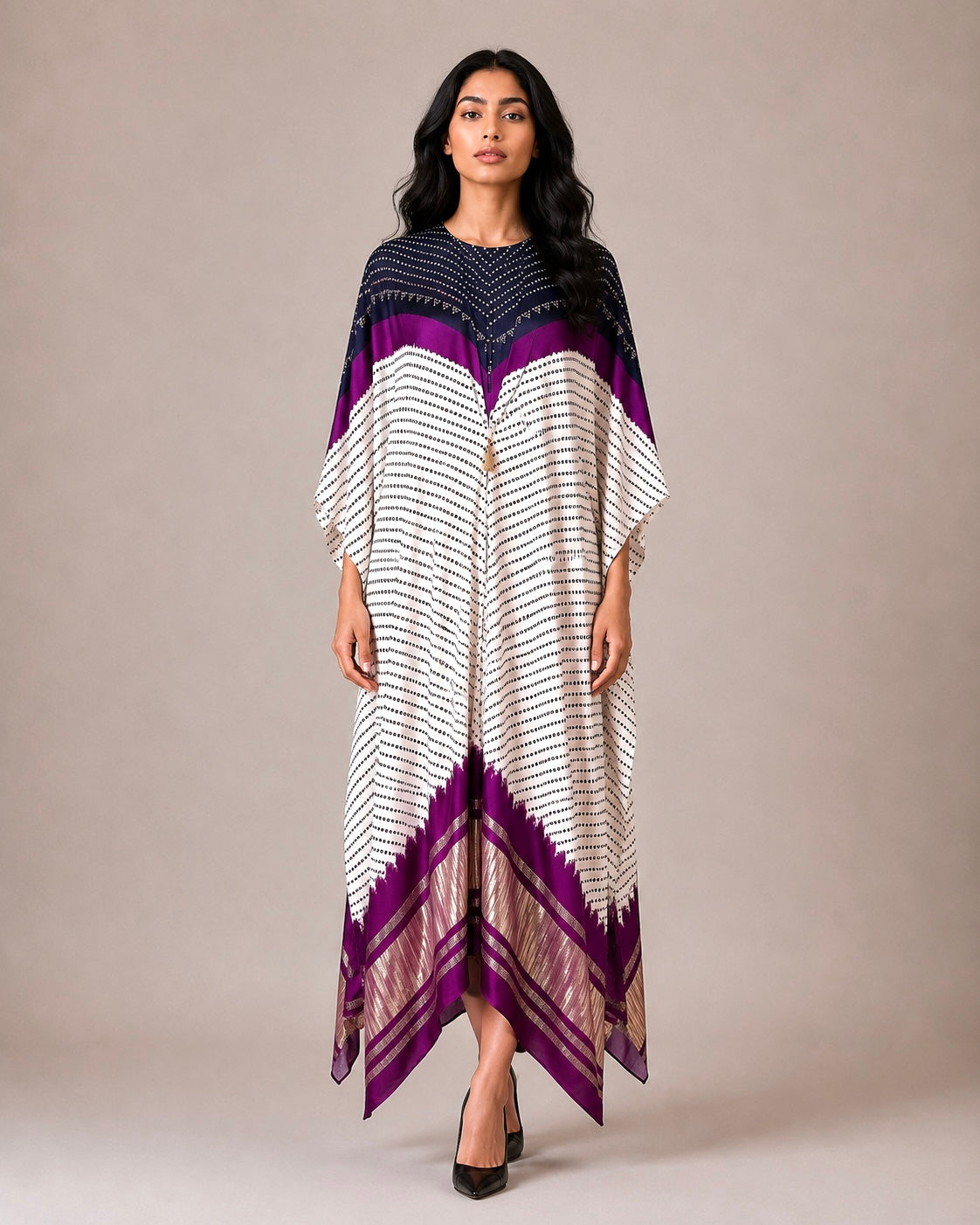 Kaftan Bandhej - Black/Purple/Ivory Base - Mayura Kumar