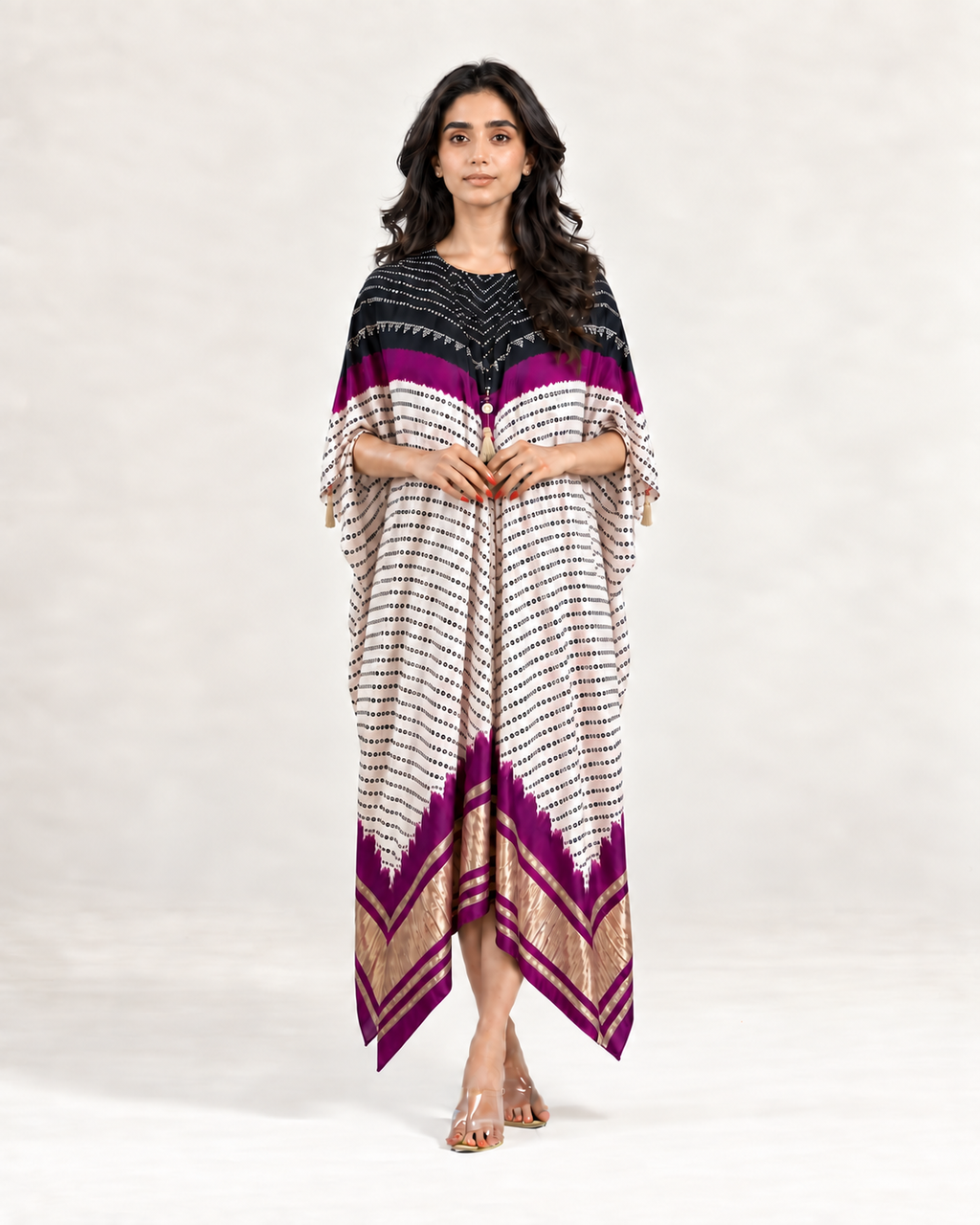 Kaftan Bandhej - Black/Purple/Ivory Base - Mayura Kumar