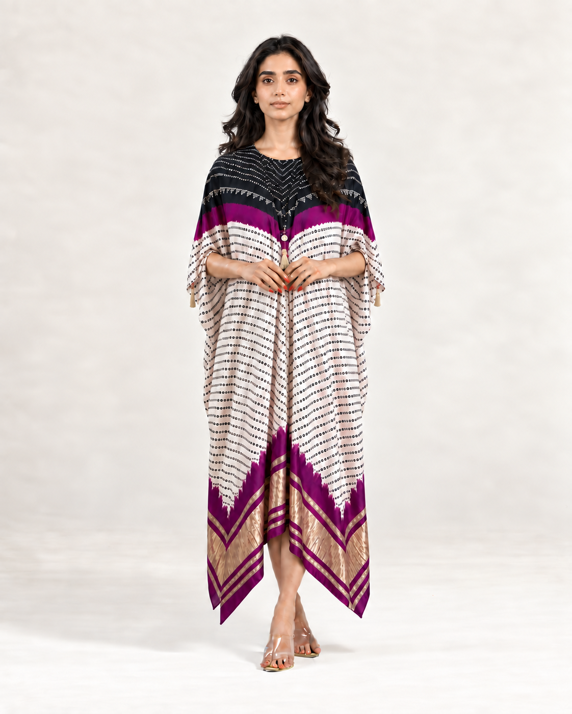Kaftan Bandhej - Black/Purple/Ivory Base - Mayura Kumar