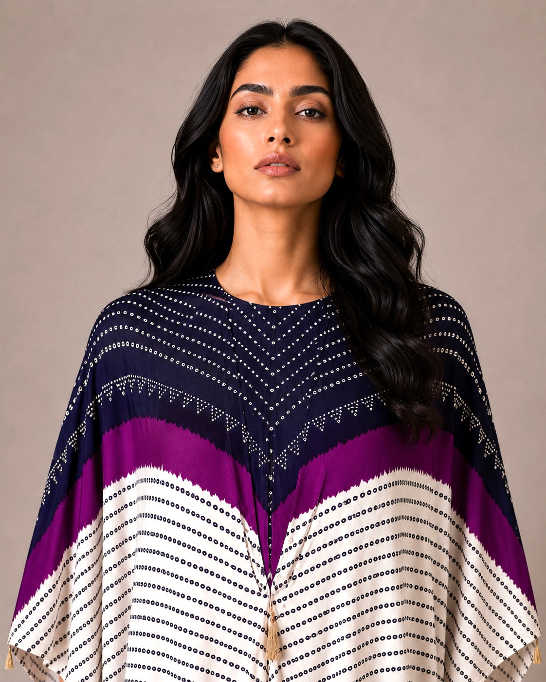 Kaftan Bandhej - Black/Purple/Ivory Base - Mayura Kumar